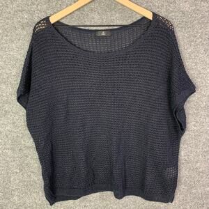 INED Women's Navy Blue Knit Short Sleeve Sweater Top Pullover Loose Fit Size 9
